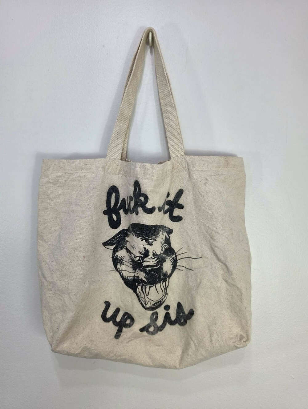 Canvas Tote Bag with Graphic Cat & Script